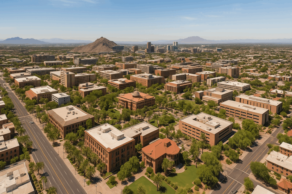 Aerial view of Arizona State University (ASU) campus in Tempe, Arizona.