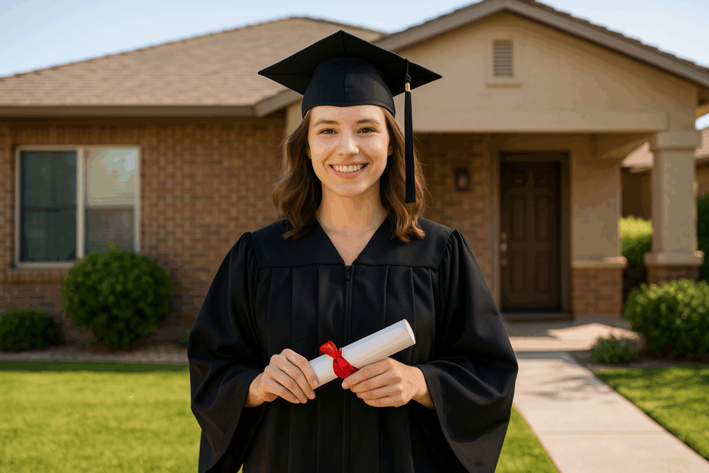Graduate holding a diploma in front of a home purchased for student housing.
