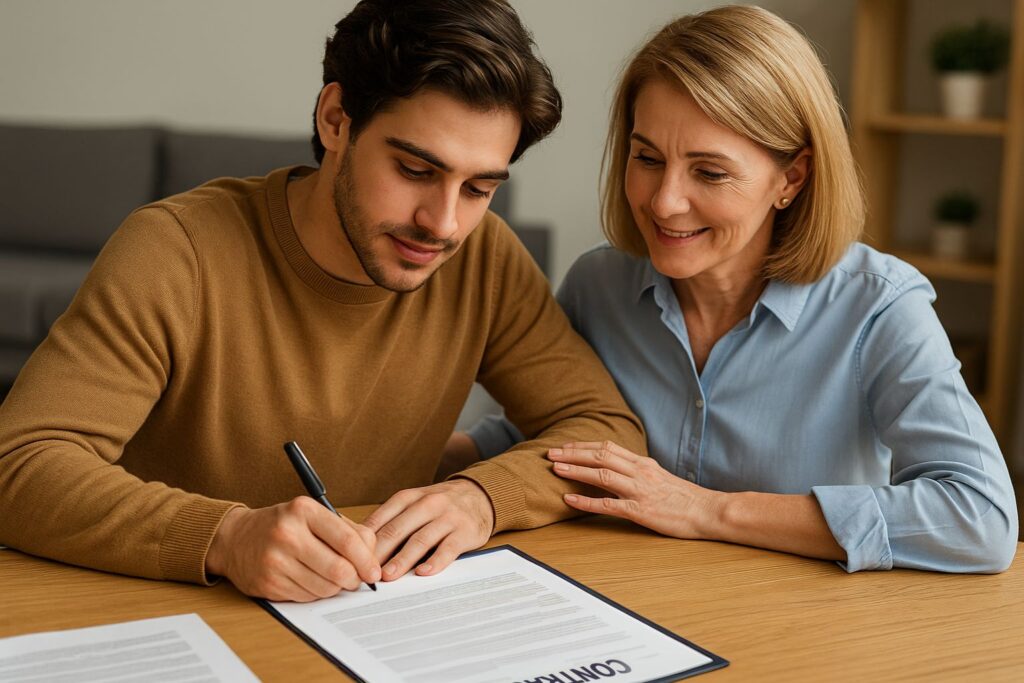 Student and parent signing a mortgage agreement to buy a home in Tempe.