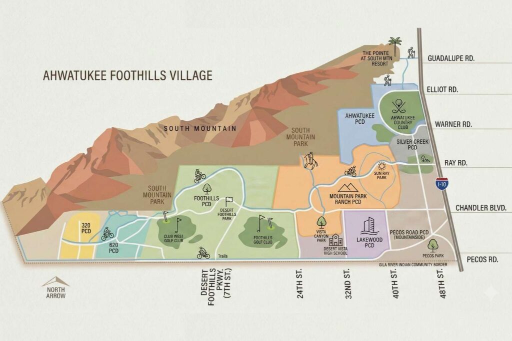 Map of Ahwatukee Foothills Village in Phoenix, Arizona showing Mountain Park Ranch, Lakewood, Foothills, Pecos Road area, major streets, and South Mountain Park boundary.