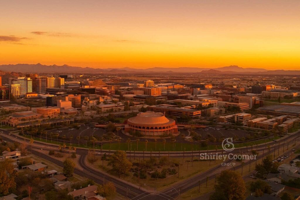 Aerial view of Arizona State University (ASU) campus in Tempe, Arizona.