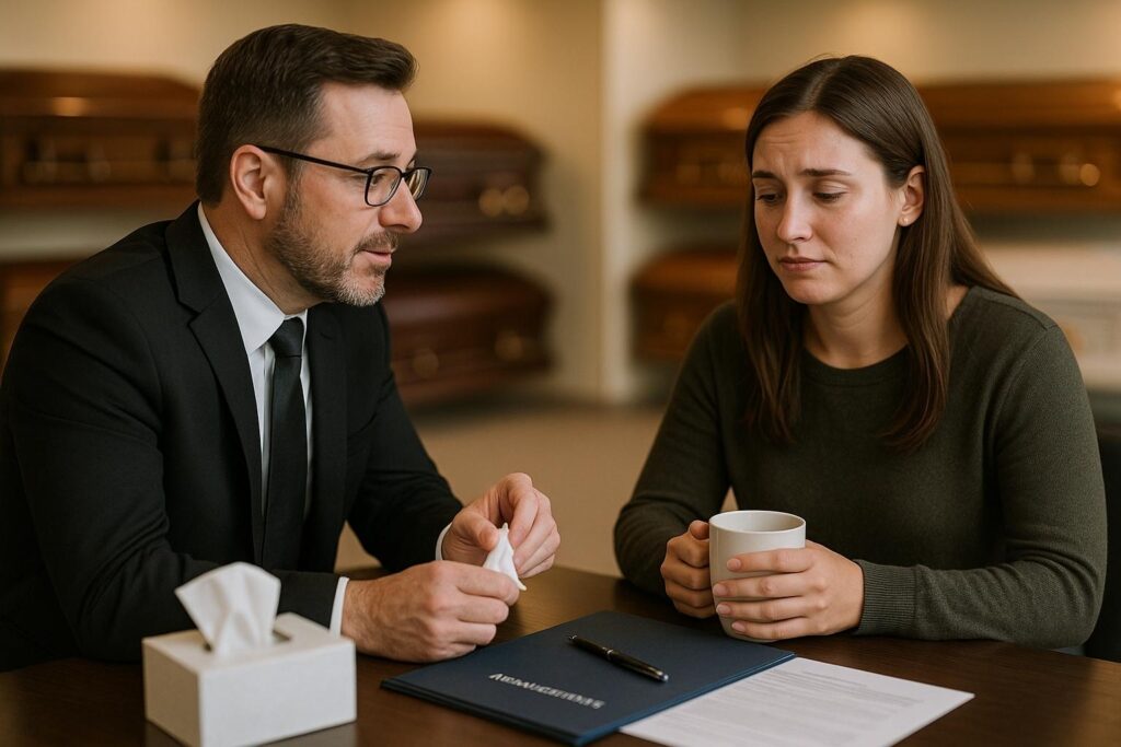 Funeral director discussing pre-need plans with a family member