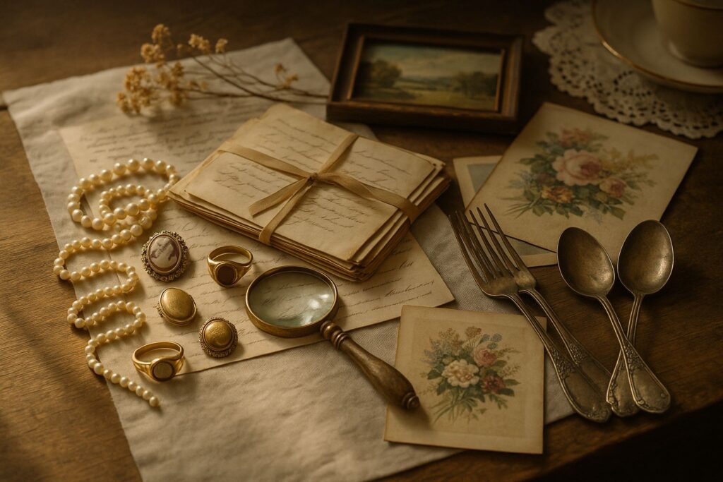 Family heirlooms including silver, jewelry, and photographs