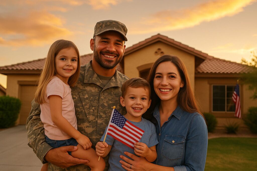 Veteran family in front of Phoenix home with American flag showcasing VA loan benefits.