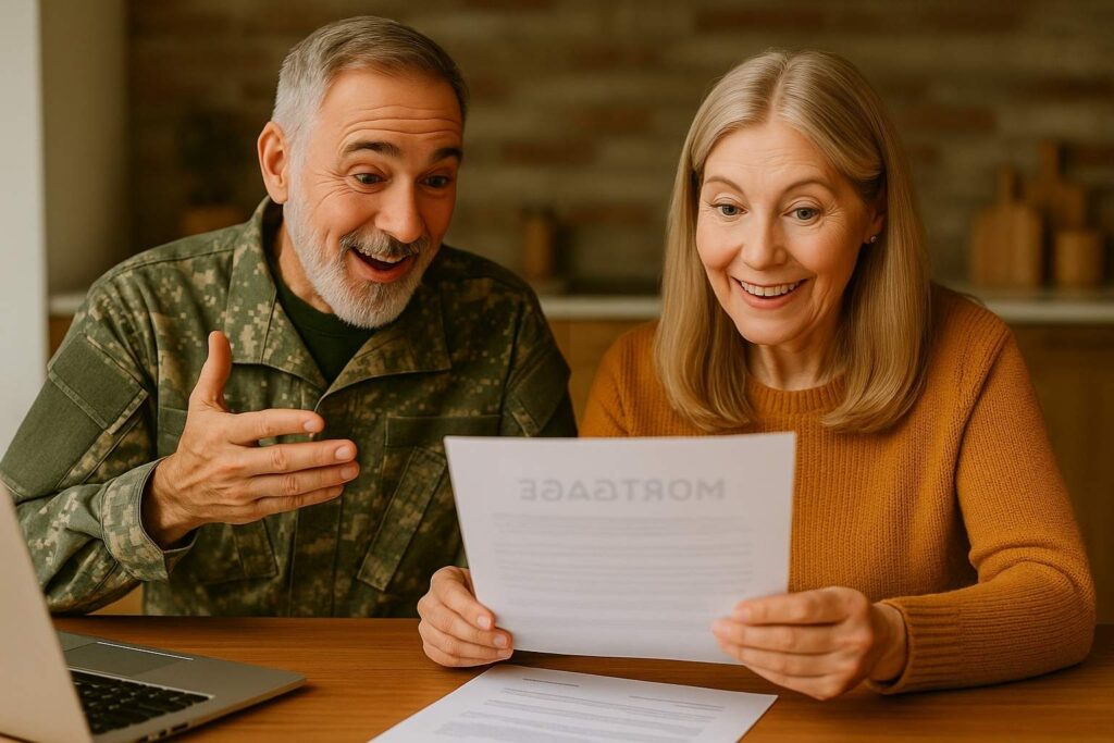 Veteran couple reviewing VA loan paperwork and surprised by benefits.