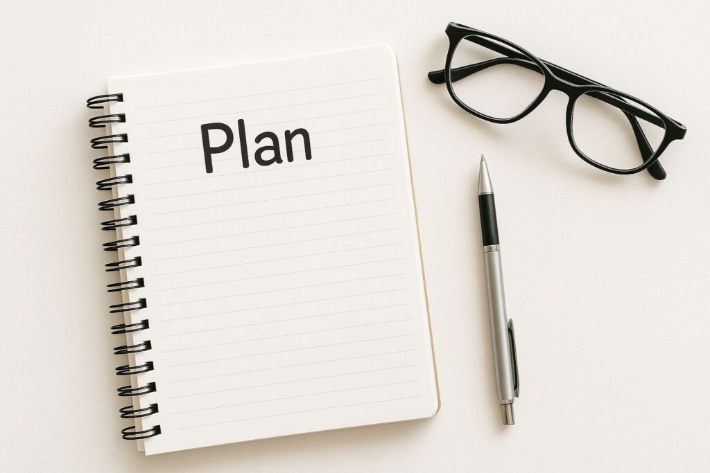 Open notebook with a downsizing checklist and pen on a table.