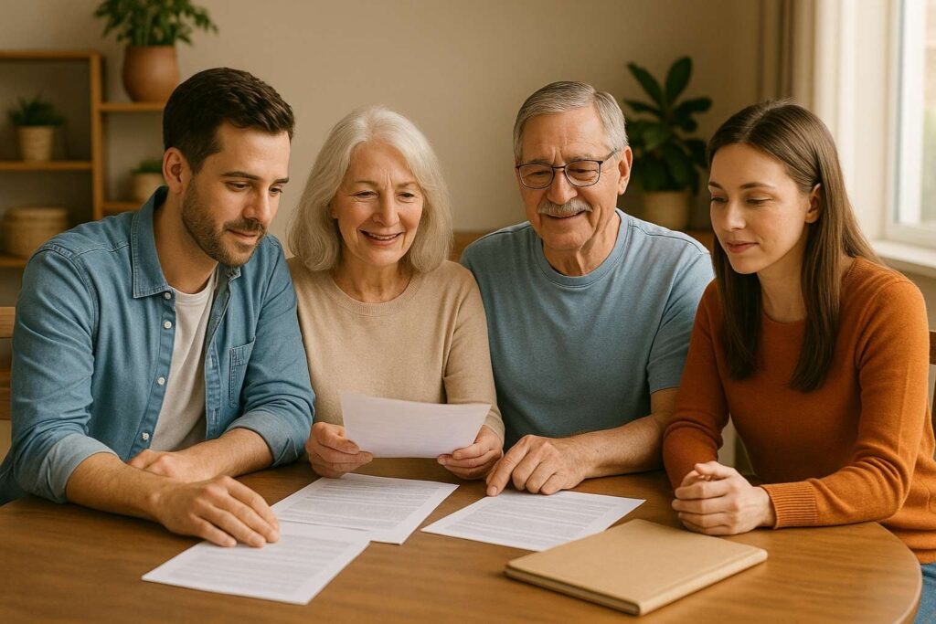 Family sitting together discussing downsizing plans.