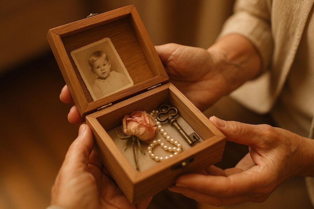 Hands holding a small box of keepsakes.