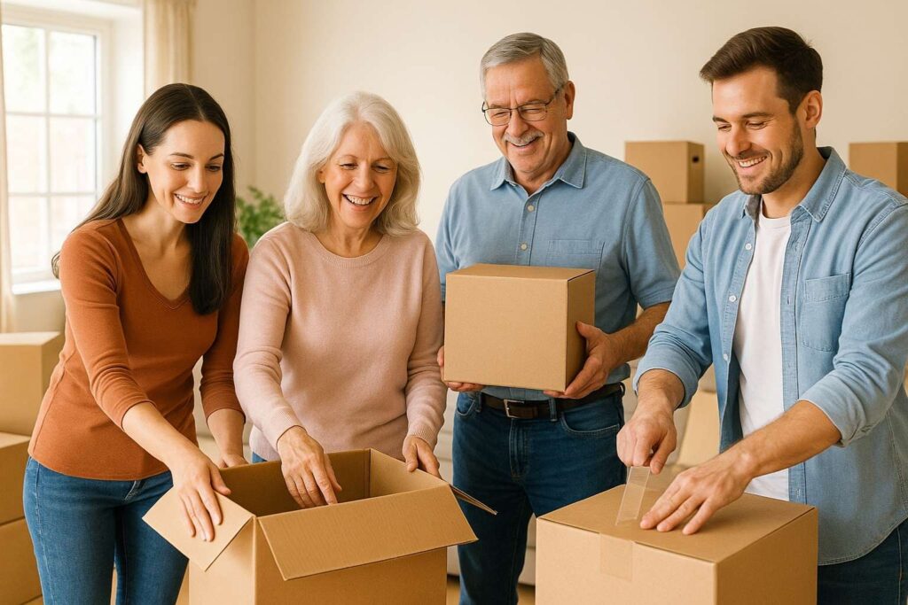 Adult children helping senior parents pack moving boxes in a living room.