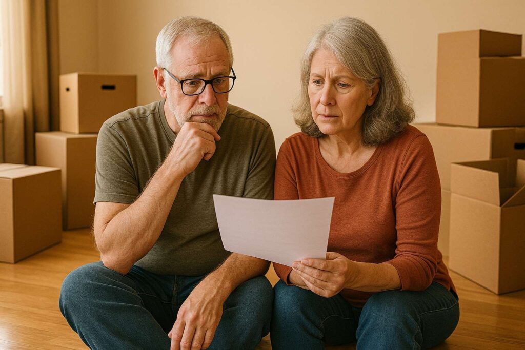 Older couple surrounded by moving boxes, planning a downsizing move.
