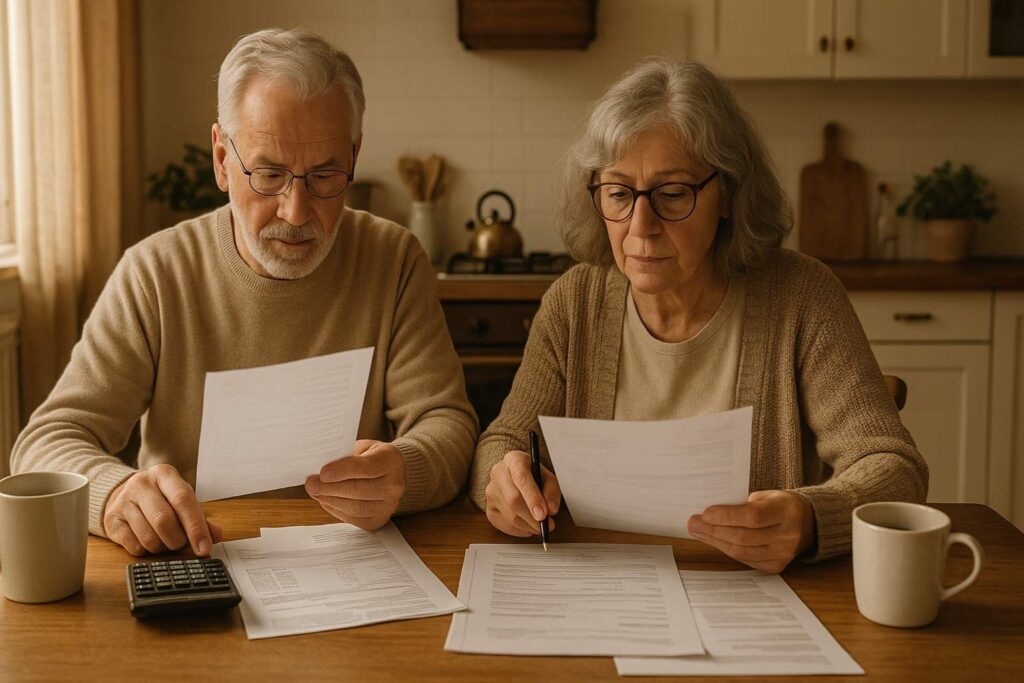 Senior couple reviewing finances and home options at the kitchen table.