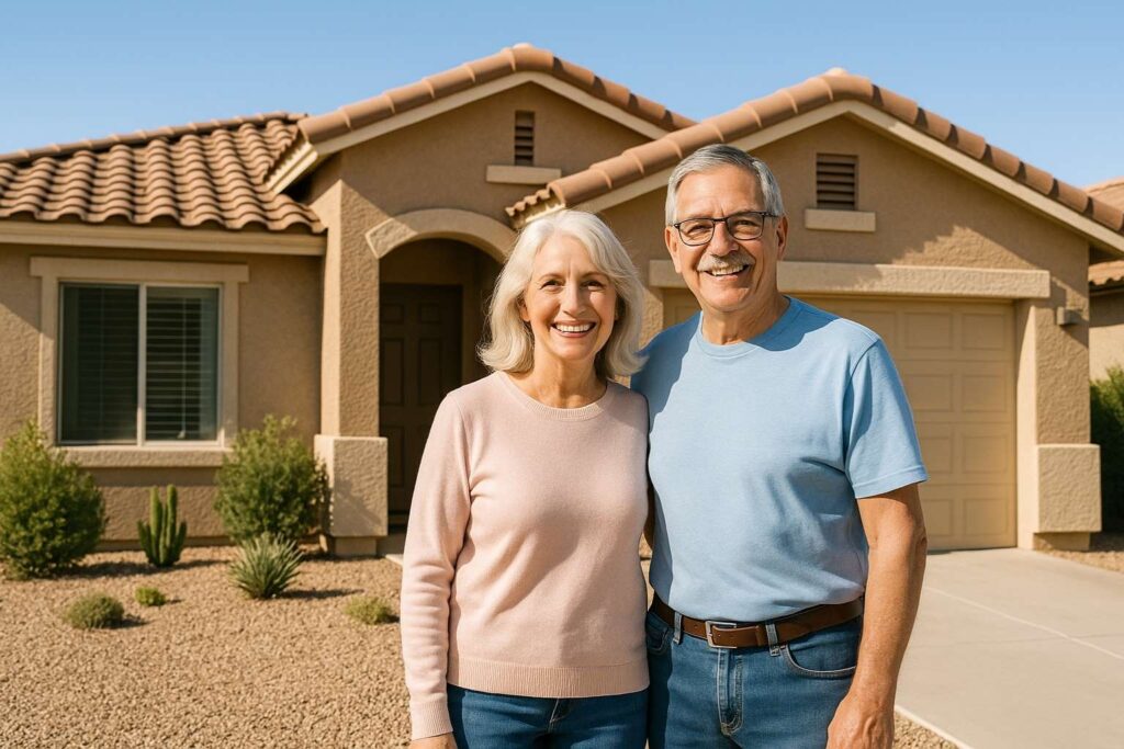 Senior couple smiling in front of their new, smaller home.