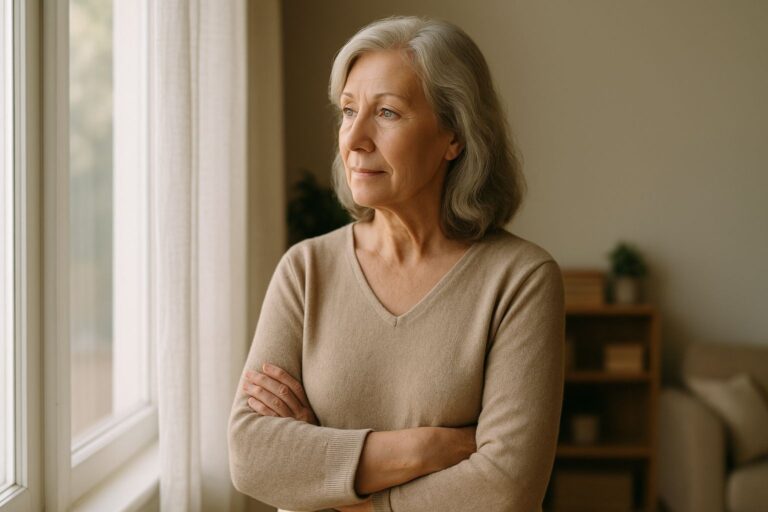 Senior woman looking out a window, reflecting on her upcoming move.