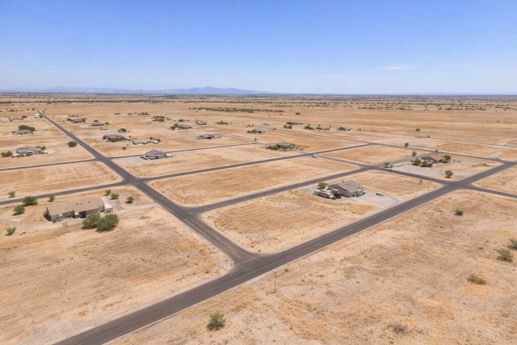 Aerial view of large residential lots in an Arizona desert subdivision