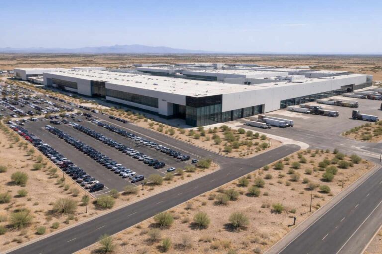 Electric vehicle manufacturing facility in Arizona desert setting