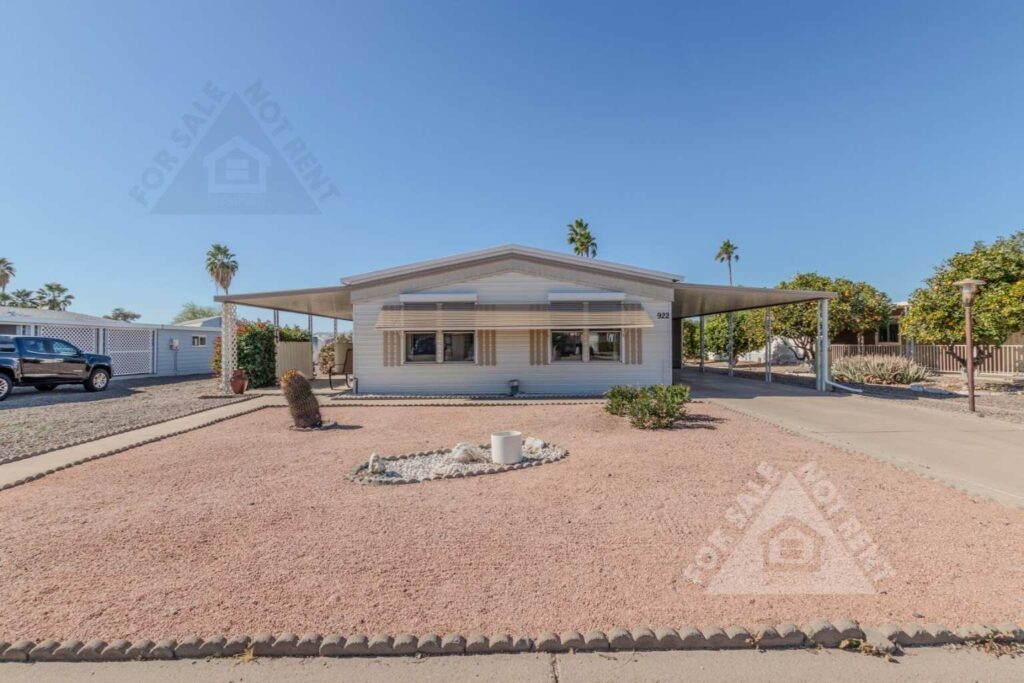 Single-level Mesa home exterior on owned land with no HOA