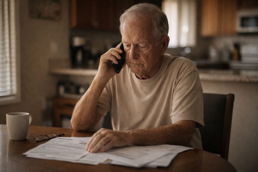 Phoenix senior homeowner discussing solar panel decision by phone