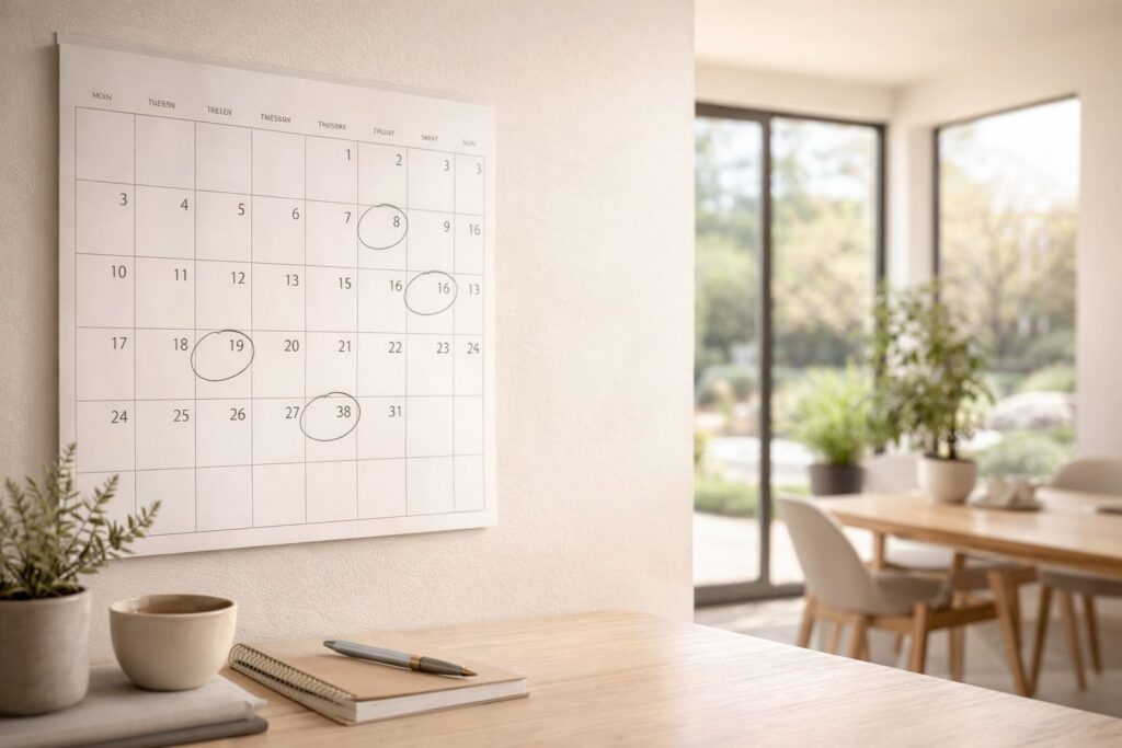 Wall calendar with circled dates and morning coffee in a Phoenix home, symbolizing 1031 exchange deadlines and timeline planning