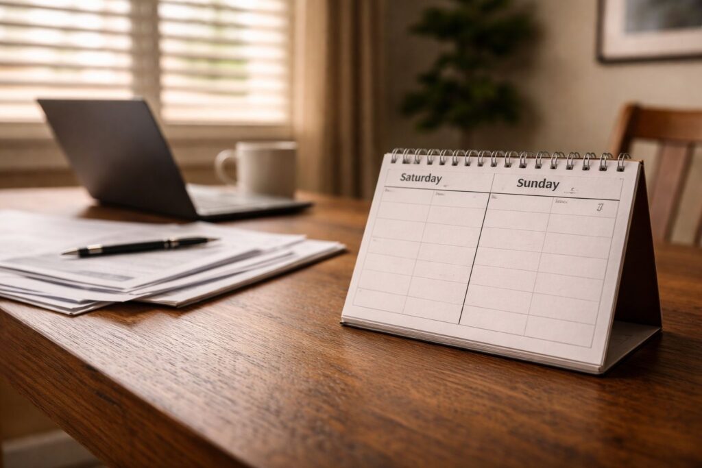 Empty office desk with calendar on weekend day