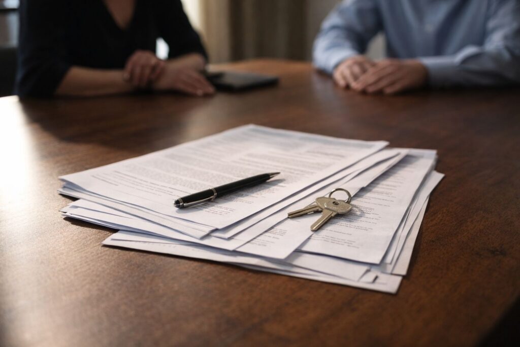 Real estate closing table with paperwork and house keys