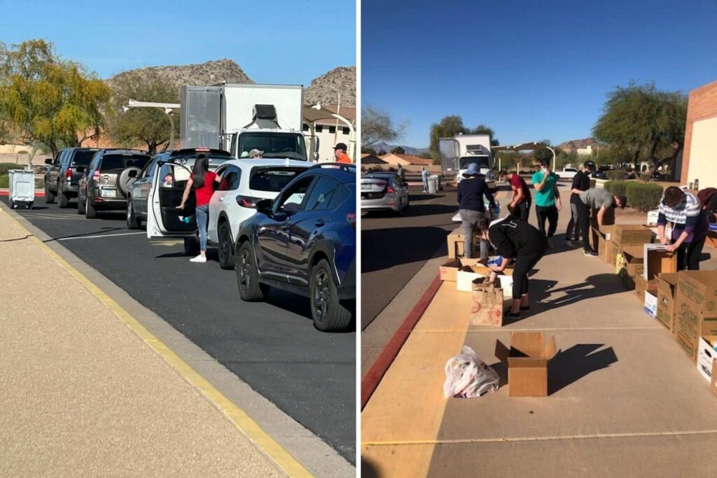 Cars lined up at the Ahwatukee Shred-A-Thon drive-thru while volunteers collect document boxes and food donations