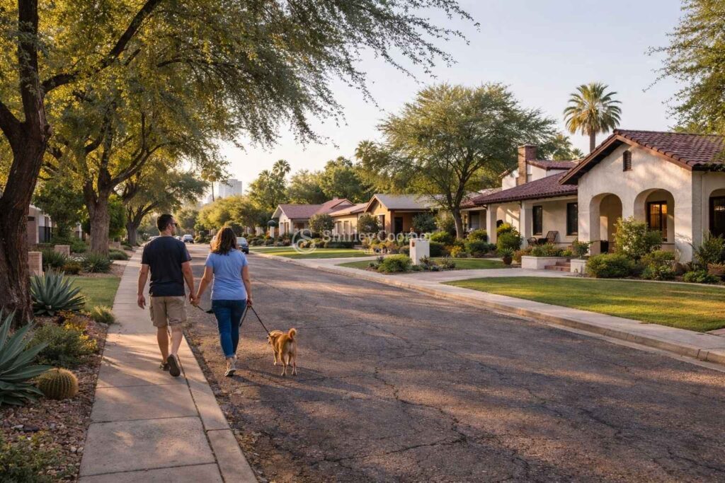 Central Phoenix neighborhood street with mature trees and sidewalks near downtown
