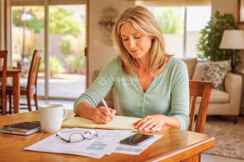 Phoenix homeowner reviewing plans at kitchen table before downsizing