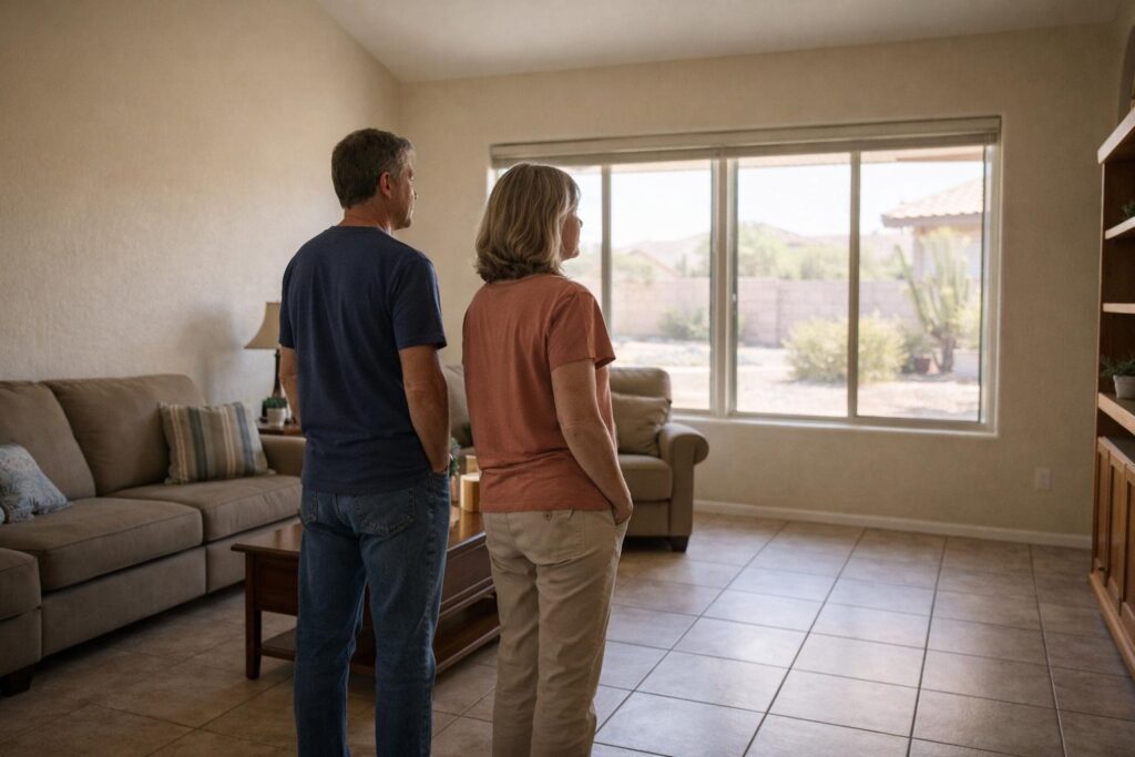 Phoenix empty nest couple discussing downsizing options in living room