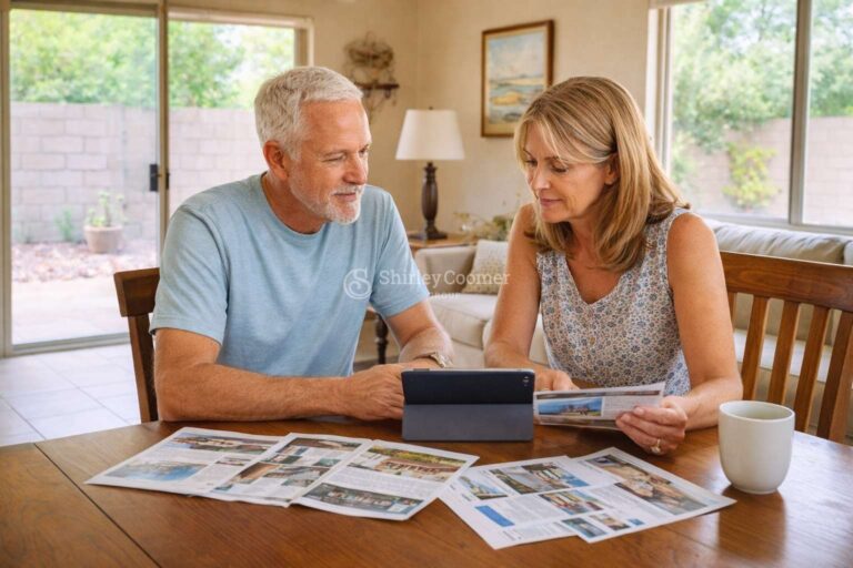 Phoenix couple reviewing housing options and paperwork before downsizing move