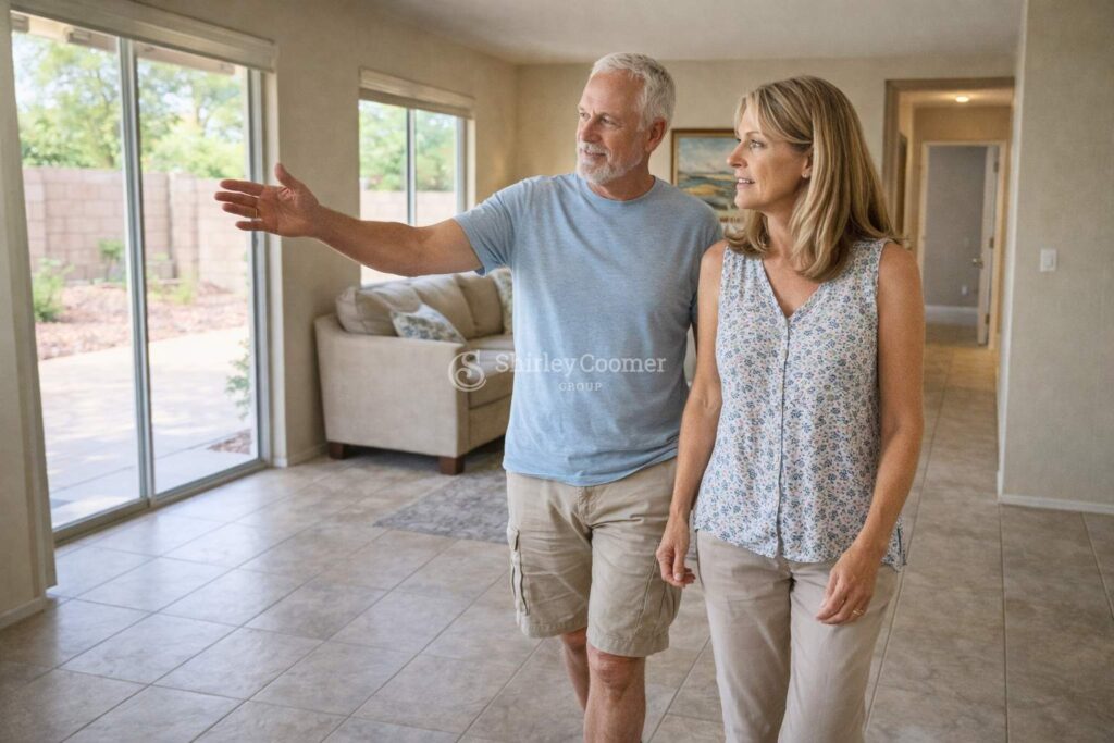 Couple touring a smaller single-level Phoenix home while downsizing
