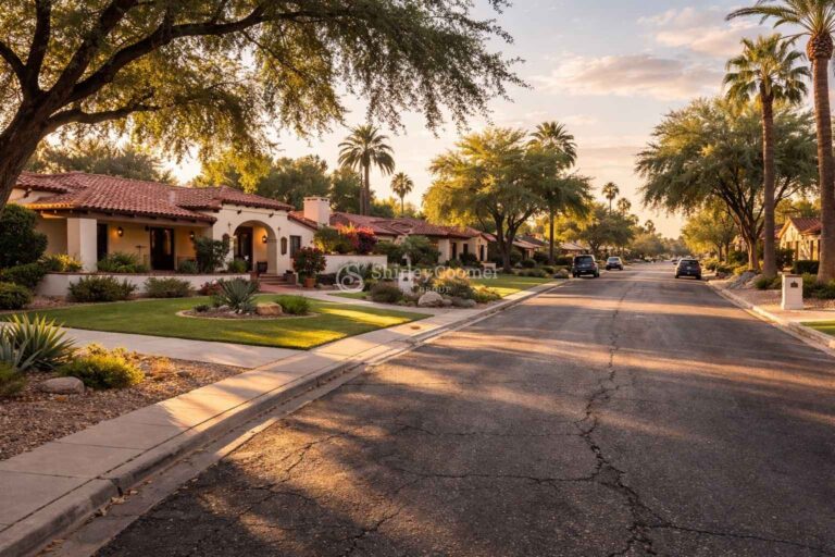 Historic bungalow homes in central Phoenix neighborhood with tree-lined street