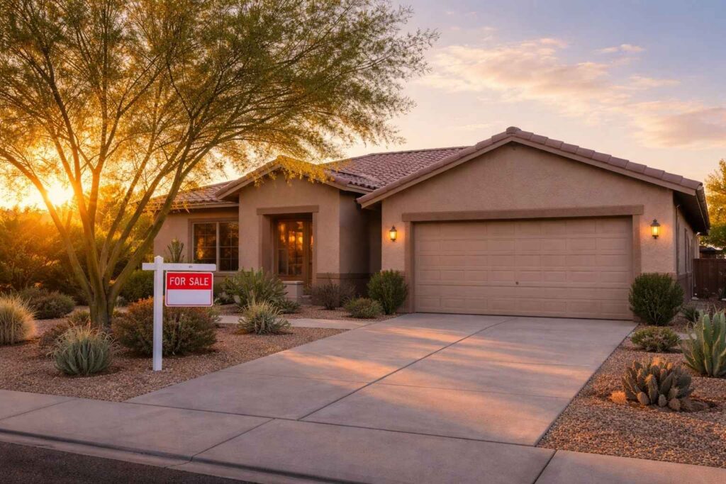 Phoenix desert stucco home with for sale sign at sunrise