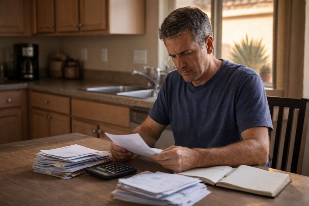 Phoenix homeowner reviewing monthly bills at kitchen table in natural light