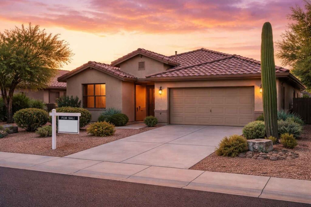 Phoenix rental home with for sale sign at sunset