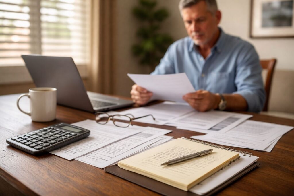Phoenix rental property owner reviewing financial documents at kitchen table