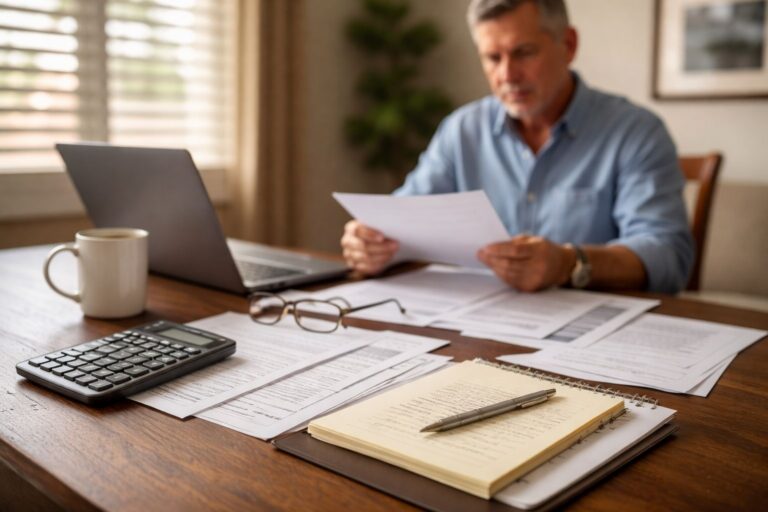Phoenix rental property owner reviewing financial documents at kitchen table