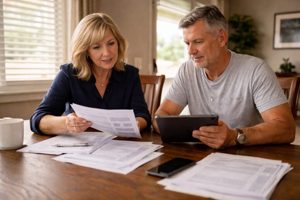 Real estate agent and investor reviewing property listings together in a living room