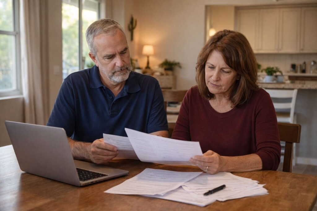 Couple reviewing home equity documents at dining table