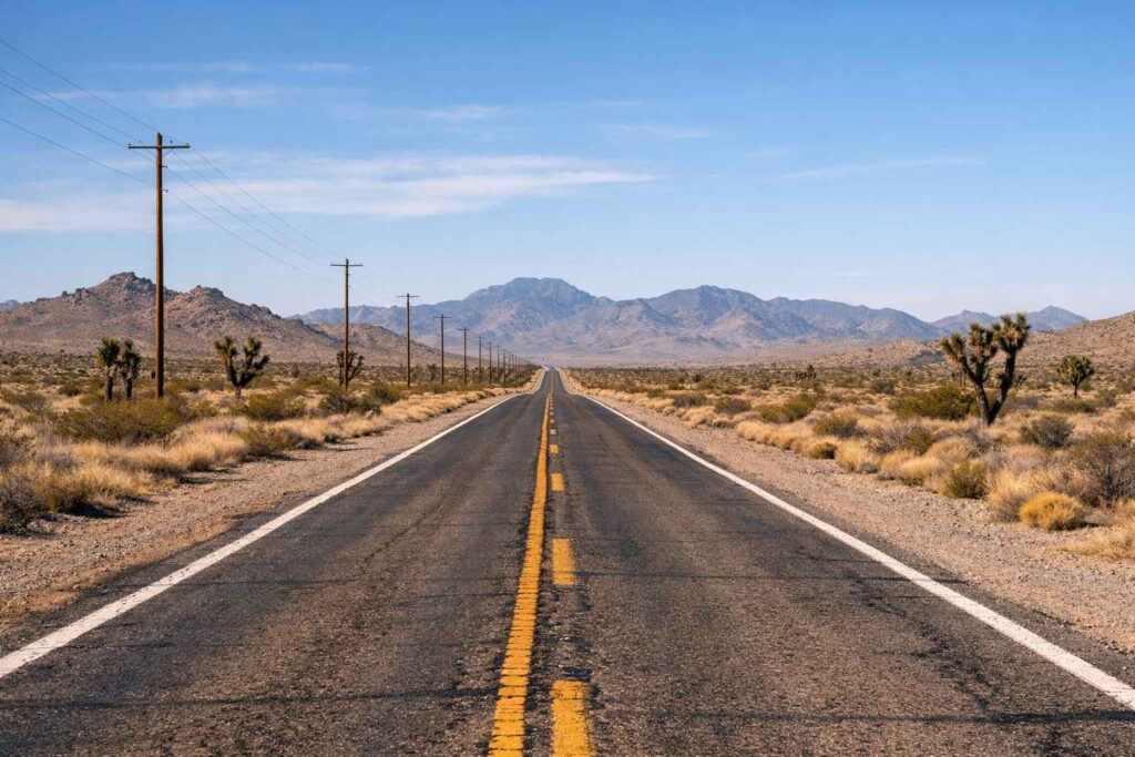 Historic Route 66 near Kingman Arizona with open desert, Joshua trees, and distant mountains