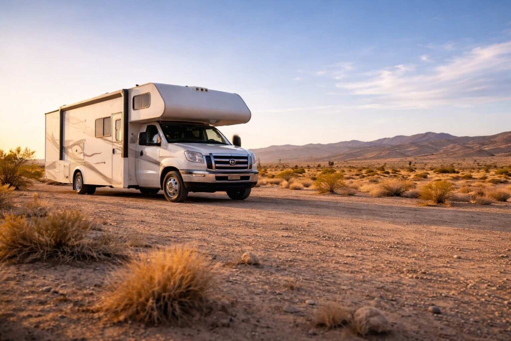 RV parked alone on open desert land in Arizona with wide spacing and distant hills
