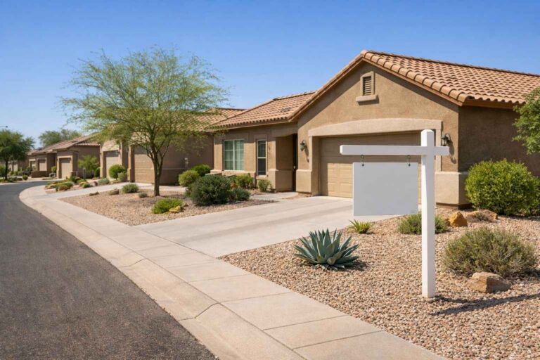 Arizona home exterior with for sale sign in suburban neighborhood