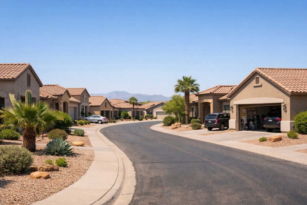 Phoenix suburban neighborhood with desert landscape and modern homes