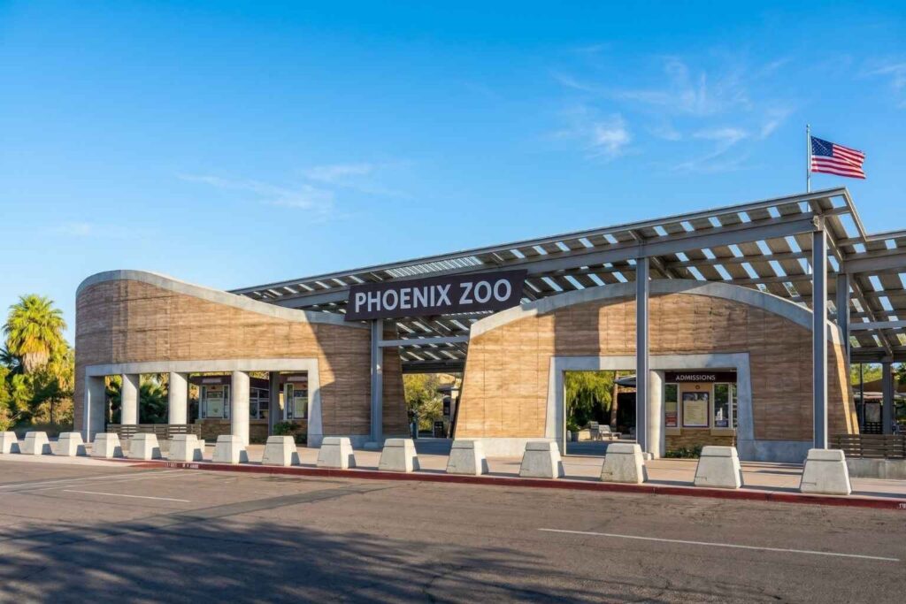 Phoenix Zoo entrance at Papago Park in Phoenix Arizona on a clear sunny morning