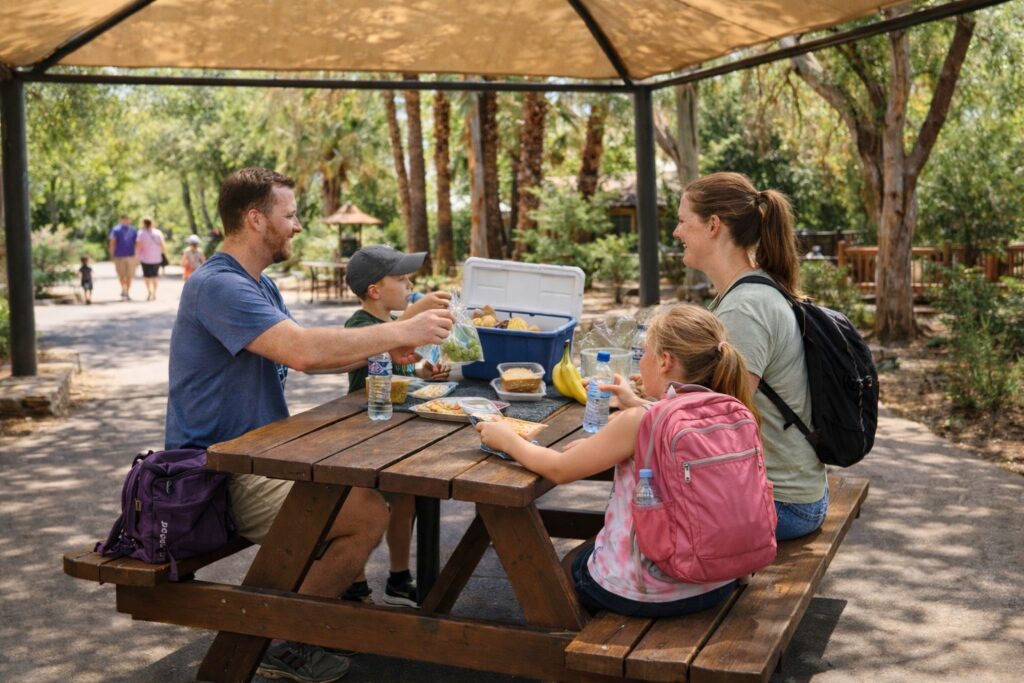 Family enjoying a picnic at shaded tables in a public park setting