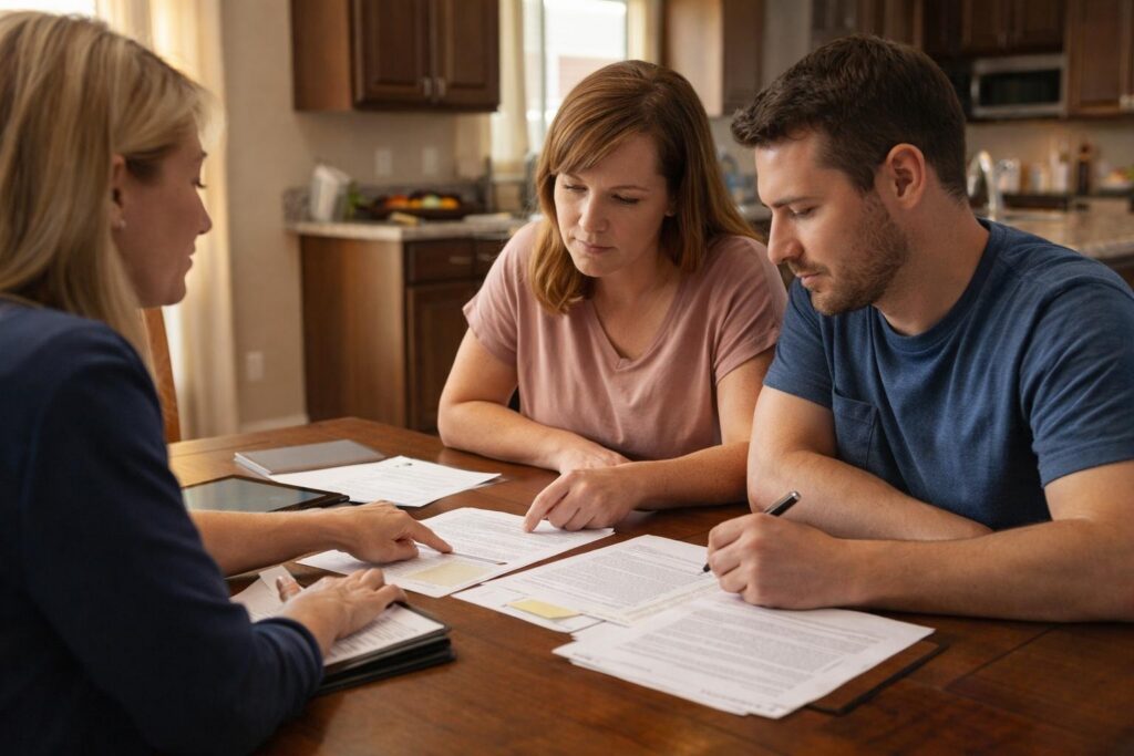 Real estate negotiation discussion at a kitchen table with documents