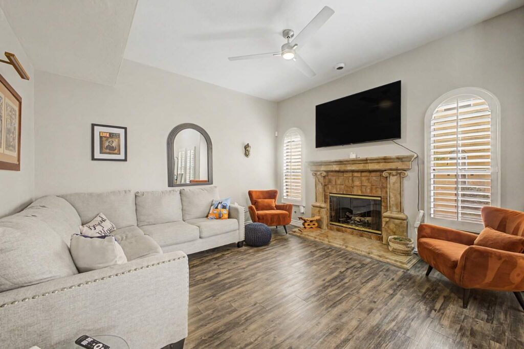 townhome interior living space with fireplace and open layout