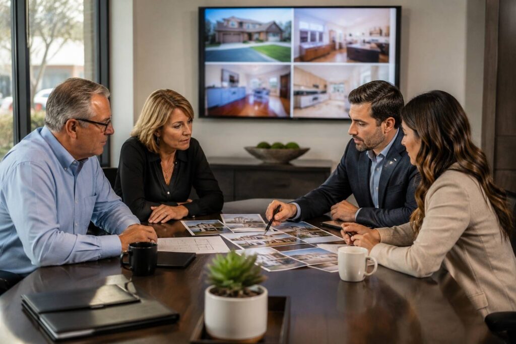 Investment property owner meeting with professionals before listing a rental property for sale.