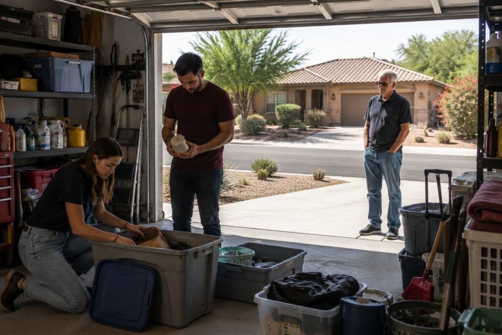 Adult children and an older parent inside a rental property discussing its future use