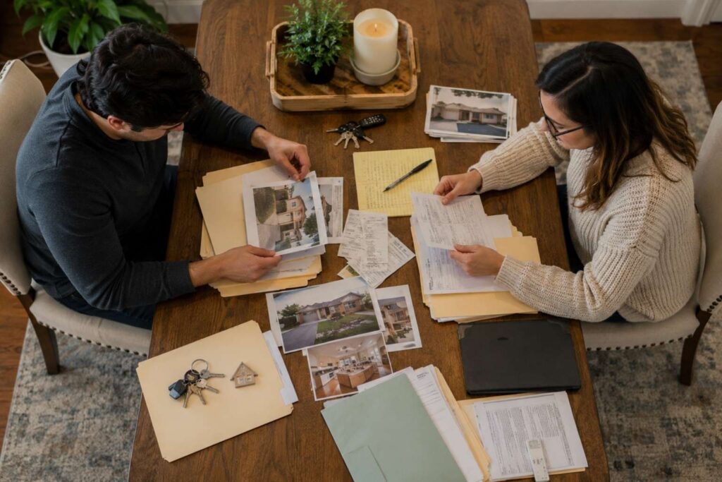 Adult children reviewing rental property records and keys at a dining room table.