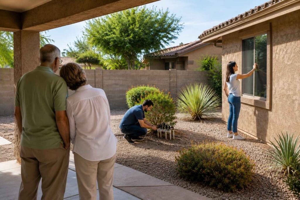 Adult children and parents walking through a rental property together